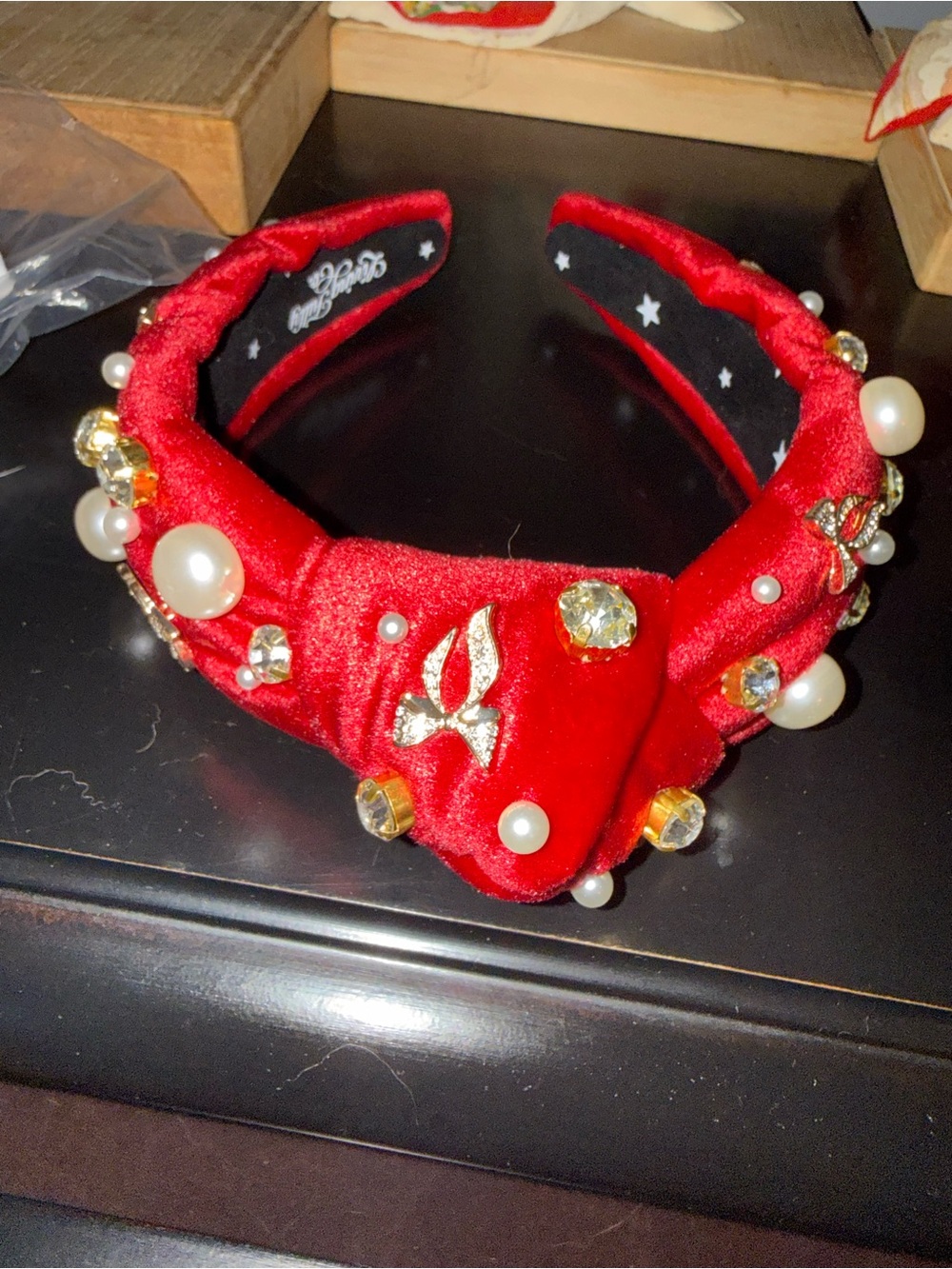 Red Velvet Padded Headband with Pearls, Crystals & Gold Accents